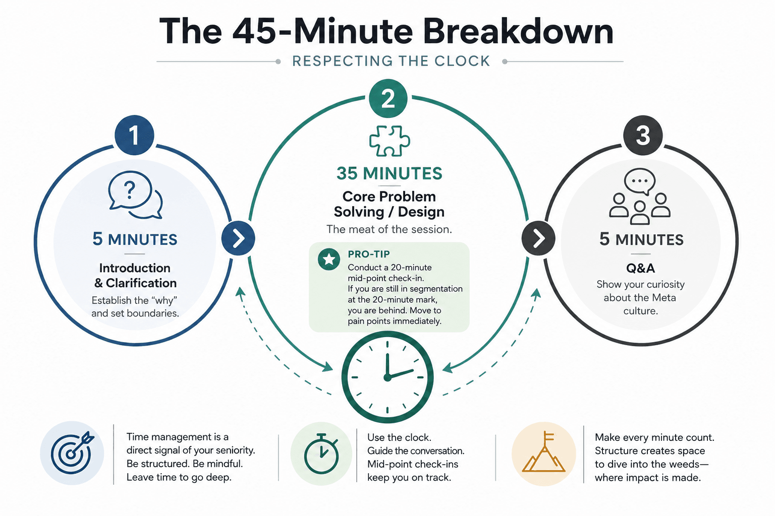 The 45-minute Meta interview split into three phases: 5 minutes of introduction and clarification, 35 minutes of core problem solving and design with a 20-minute mid-point check-in, and 5 minutes of Q&A.